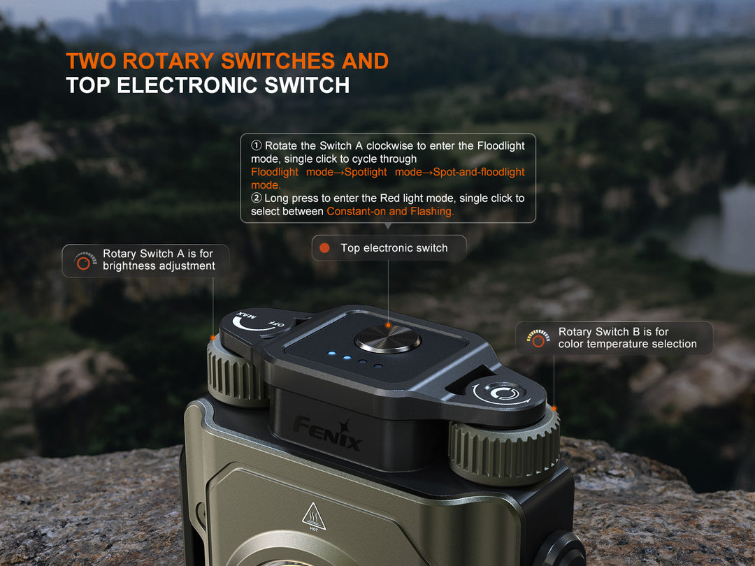 A guide for operating the rotary switches of the Fenix CL27R multifunctional outdoor lantern 