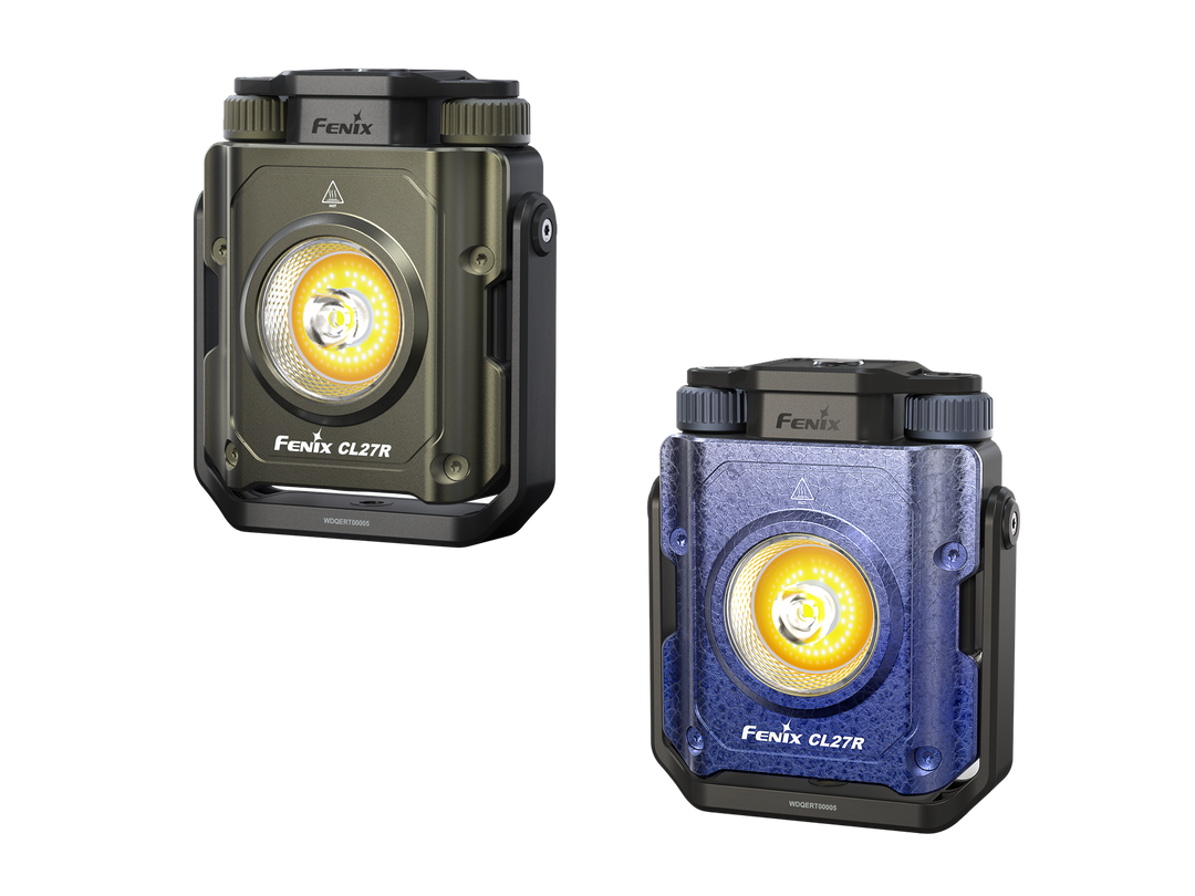 Two Fenix CL27R multifunctional outdoor lanterns, one black and one blue, with a rotary magnetic handle and button interface on the front.