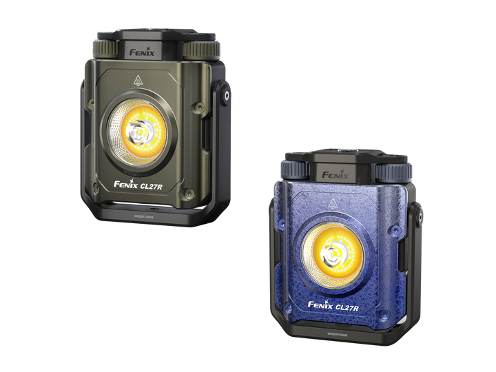 Two Fenix CL27R multifunctional outdoor lanterns, one black and one blue, with a rotary magnetic handle and button interface on the front.