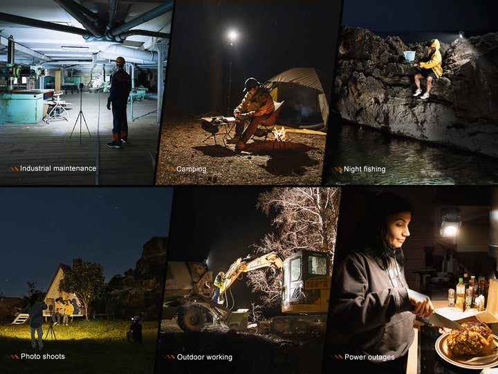 Several photos showing a variety of uses for the Fenix CL27R multifunctional outdoor lantern 