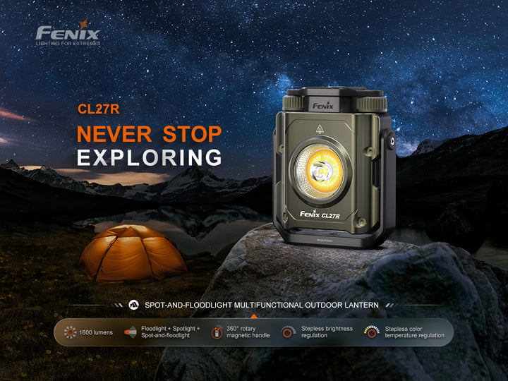Fenix CL27R multifunctional outdoor lanterns on stone with a tent in the background lit up at night