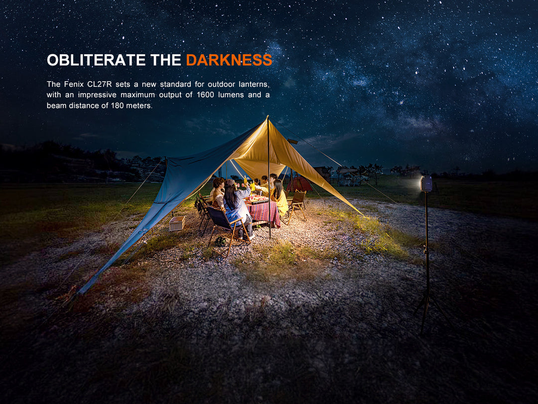 Fenix CL27R multifunctional outdoor lanterns used on a tripod to light up a group of campers under a tent
