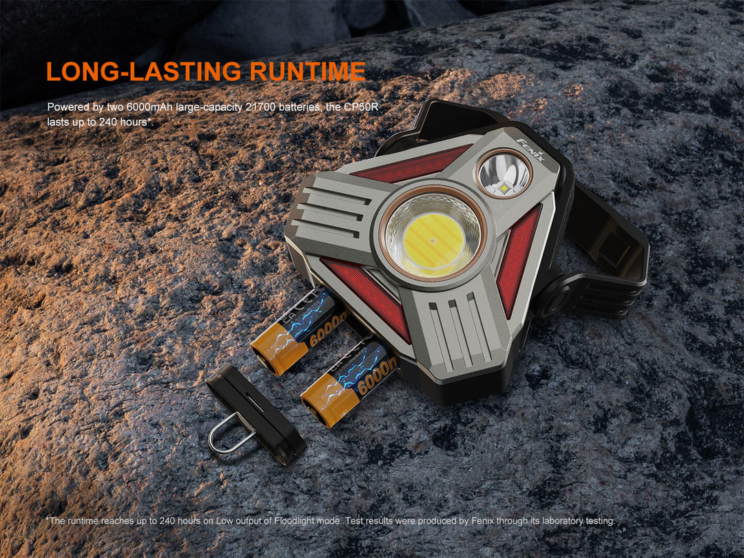 Fenix CP50R Road Hazard Camping Lantern with batteries on a textured surface, highlighting long-lasting runtime.