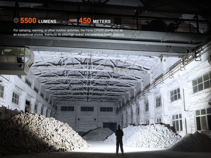Person standing in a large warehouse illuminated by the high-output Fenix CP50R Road Hazard Camping Lantern , with text about lumens and beam distance.