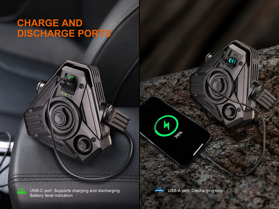 Fenix CP50R Road Hazard Camping Lantern device with USB-C recharging and USB-A discharging ports on a dark background