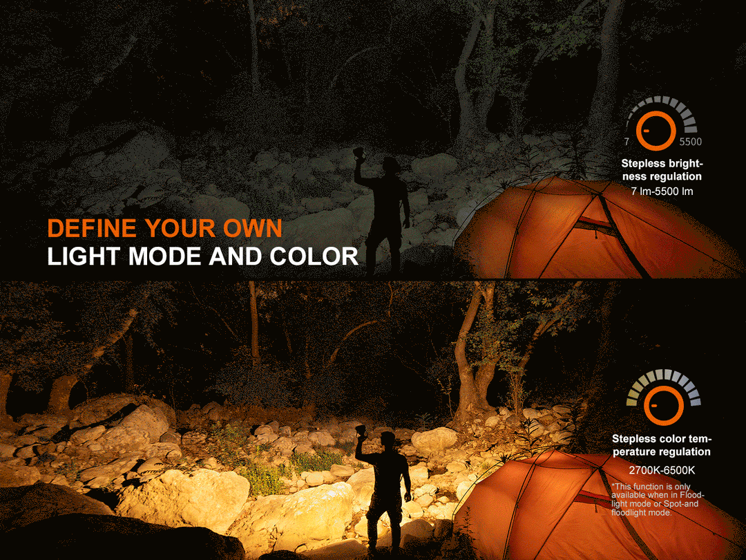 GIF of a person camping in the woods showing the variable color temperature of the Fenix CP50R Road Hazard Camping Lantern 