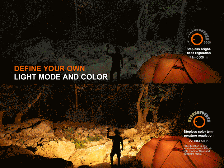 GIF of a person camping in the woods showing the variable color temperature of the Fenix CP50R Road Hazard Camping Lantern 