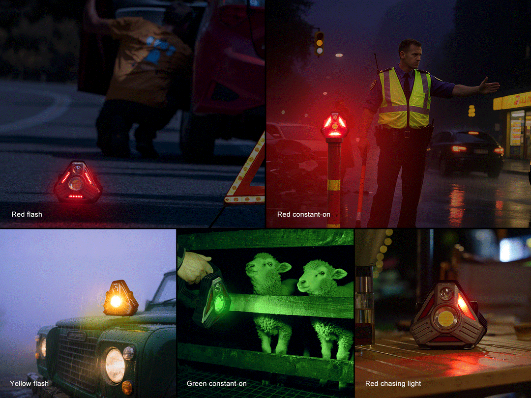 A series of five photos showing the different colored outputs of the Fenix CP50R Road Hazard Camping Lantern including red, red flash, red chase, yellow, and green
