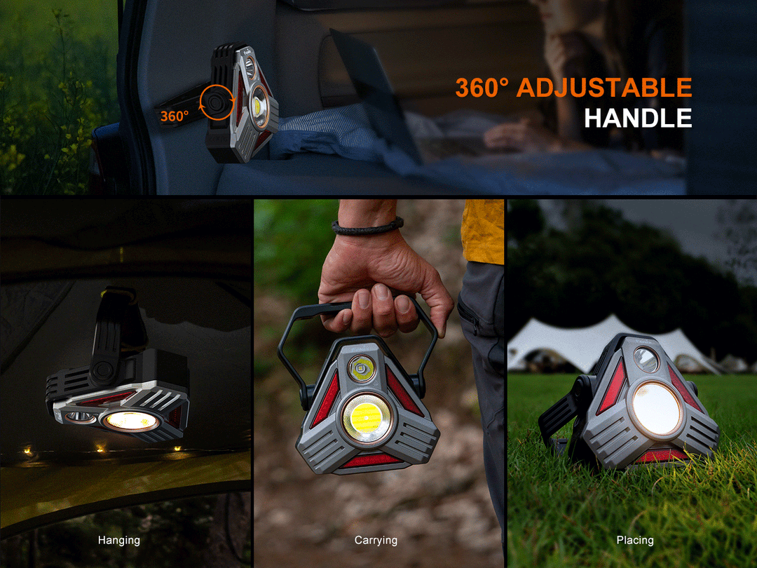 A GIF showing the different use cases for the handle on the Fenix CP50R Road Hazard Camping Lantern 