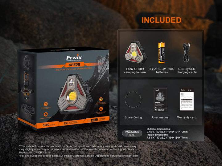 Fenix CP50R camping lantern packaging with included items on a dark background