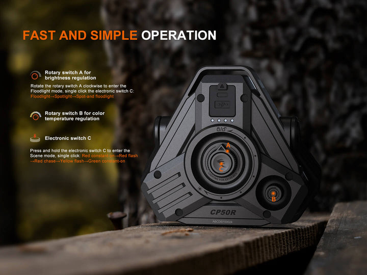 Fenix CP50R Road Hazard Camping Lantern with rear-facing control switches on a wooden surface, featuring text about fast and simple operation.