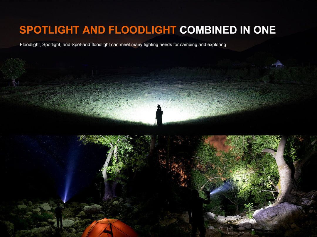 Person using a Fenix CP50R Road Hazard Camping Lantern in a dark outdoor setting with text about spotlight and floodlight combination.