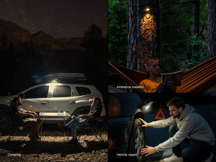Three scenes of outdoor activities: using the Fenix CP50R Road Hazard Camping Lantern for camping with a car, reading under a tree, and roadside tire replacement.