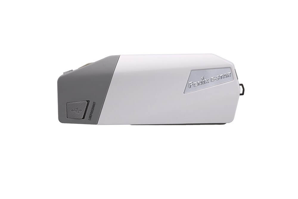 A Fenix E-STAR emergency LED flashlight with a power button and USB Type-C port.