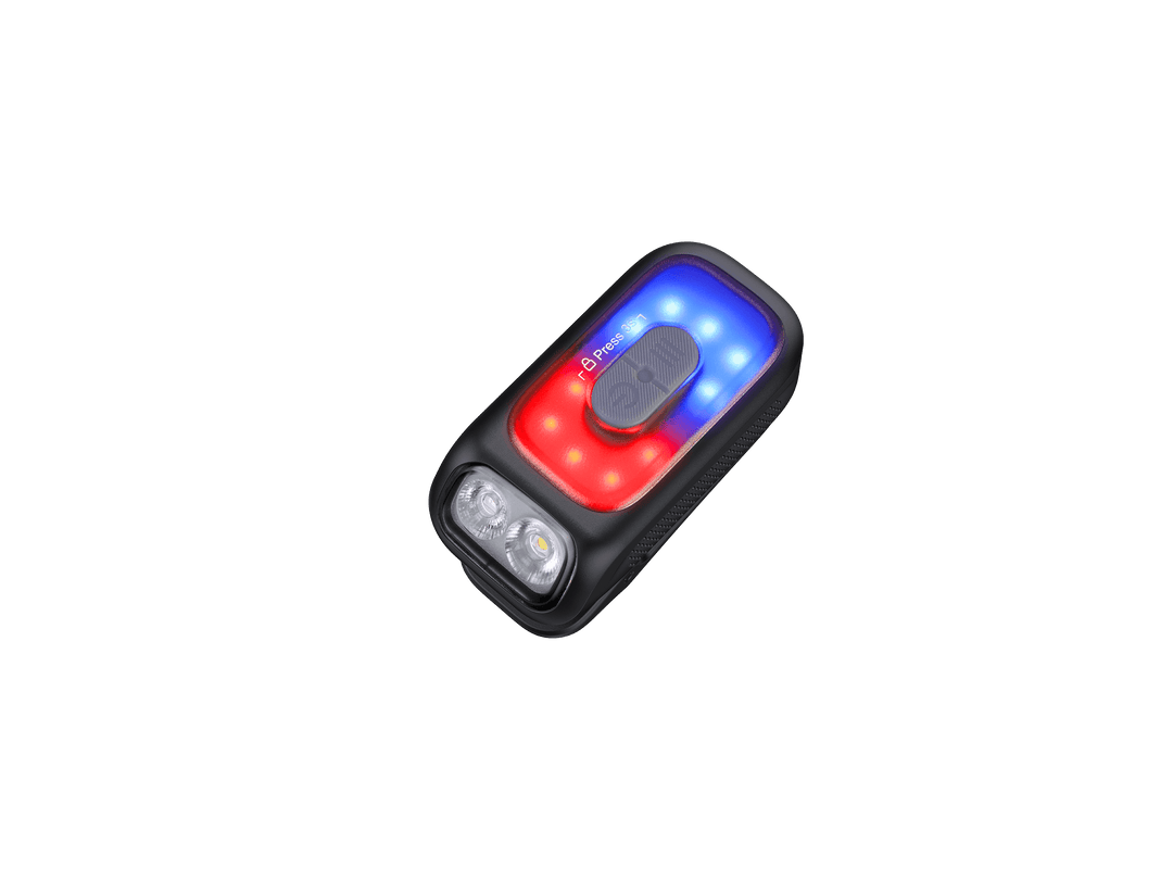 Small Fenix E04R Rotating Clip Light with red and blue lights on a black background