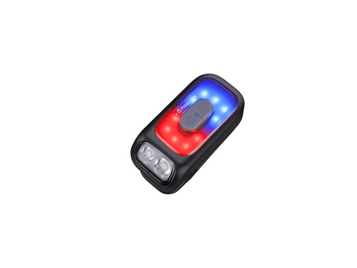 Small Fenix E04R Rotating Clip Light with red and blue lights on a black background