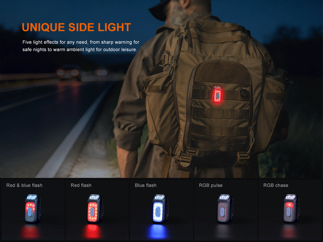A GIF showing the side light features of the Fenix E04R Rotating Clip Light 