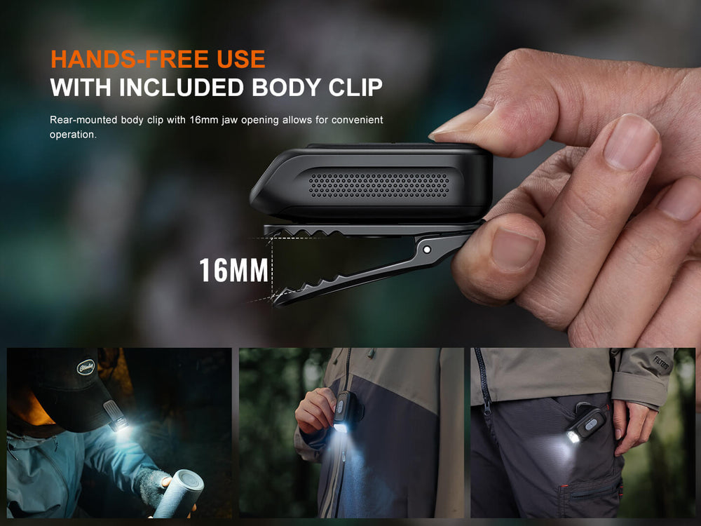 Photos showing the Fenix E04R Rotating Clip Light used in a variety of circumstances