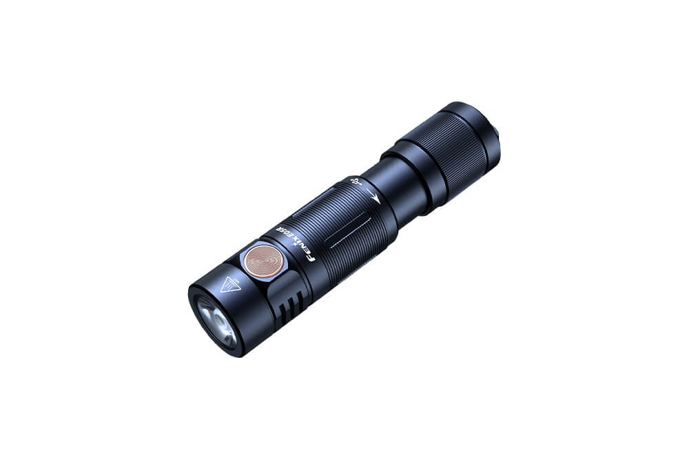 Fenix E05R Mini Keychain LED Flashlight in black as viewed from the top