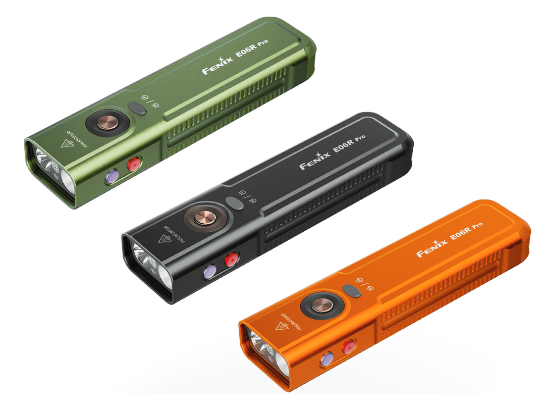 Three Fenix E06R Flashlights in green, black, and orange on a black background