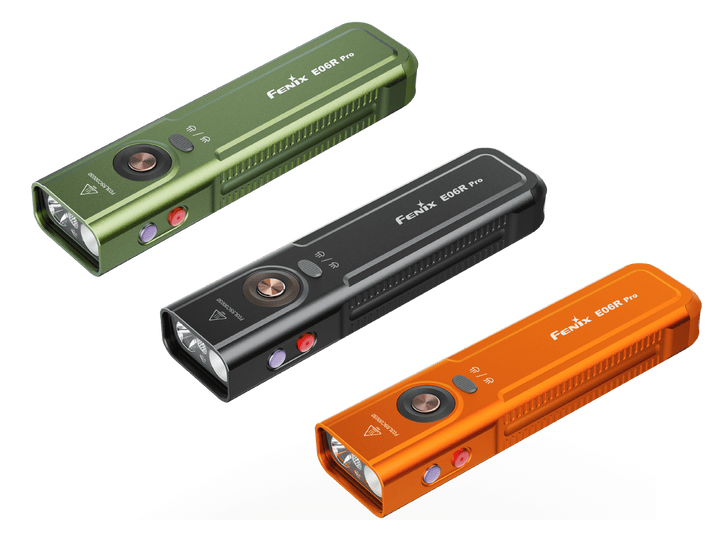 Three Fenix E06R Flashlights in green, black, and orange on a black background