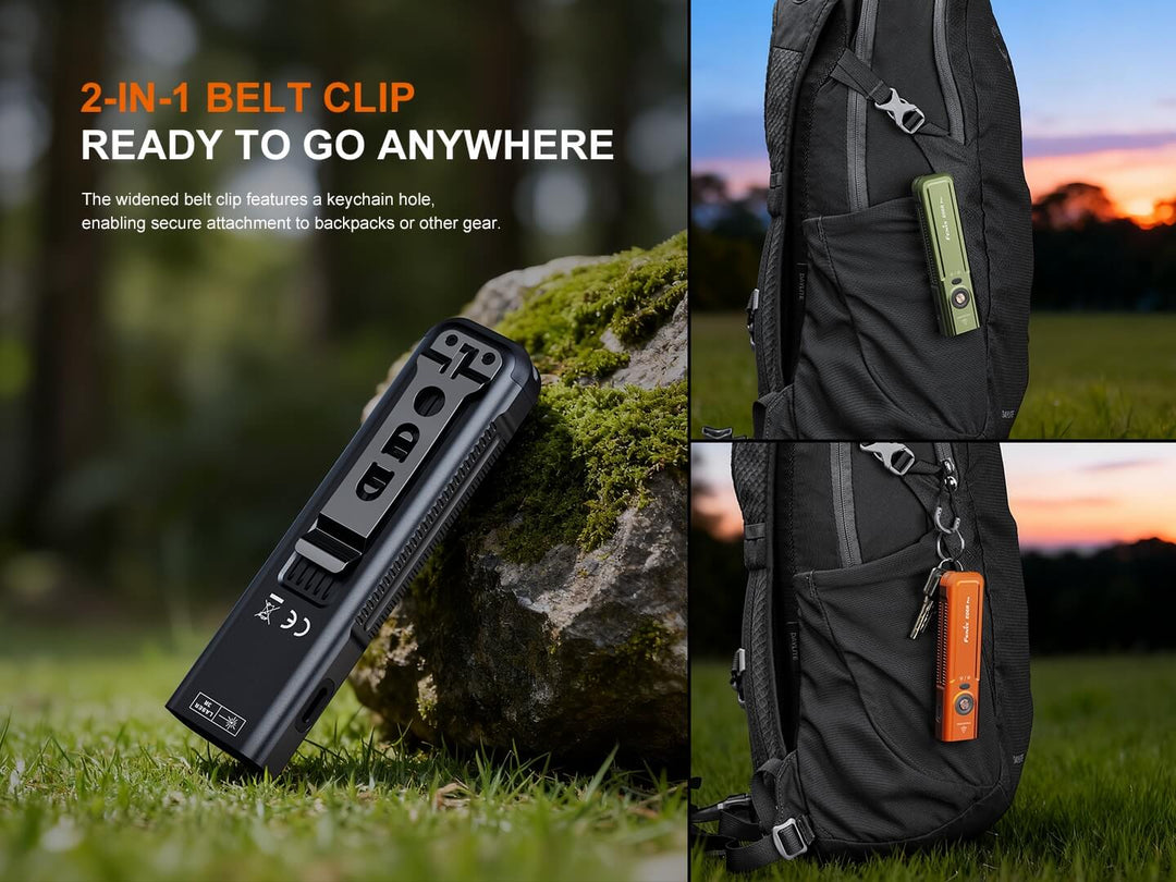 2-in-1 belt clip on the Fenix E06R Flashlight with keychain hole on grass, attached to backpack with sunset background