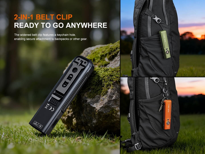 2-in-1 belt clip on the Fenix E06R Flashlight with keychain hole on grass, attached to backpack with sunset background