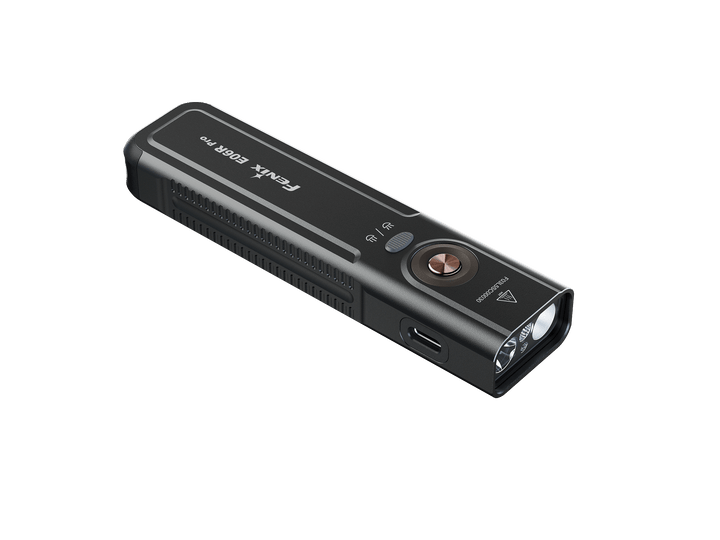 Black Fenix E06R Flashlight with brand name on a black background