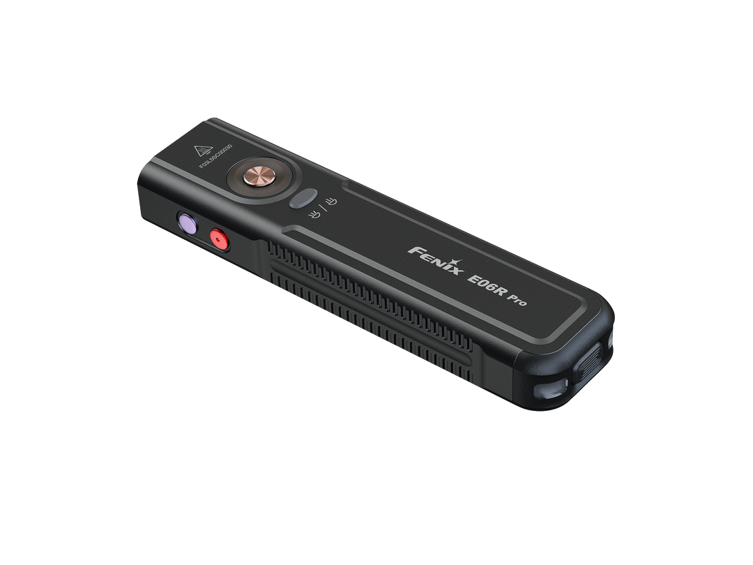 Black Fenix E06R Flashlight with 'Fenix' branding on a black background