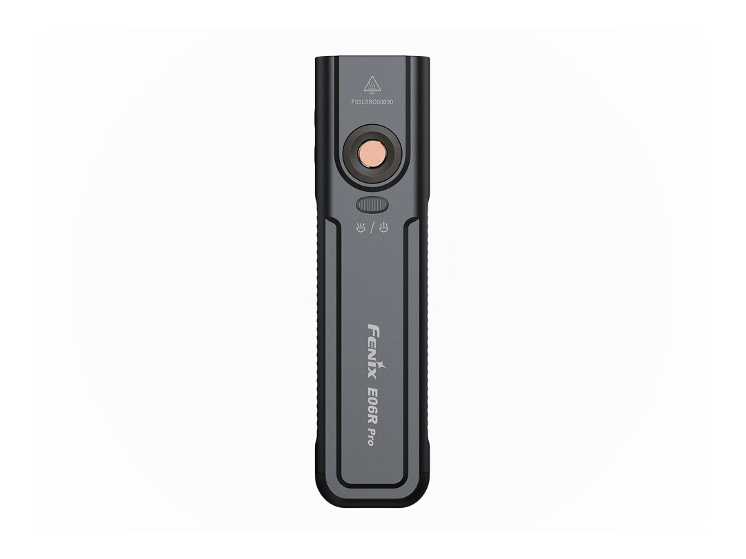 Black Fenix E06R Flashlight with 'Fenix' branding on a light gray background