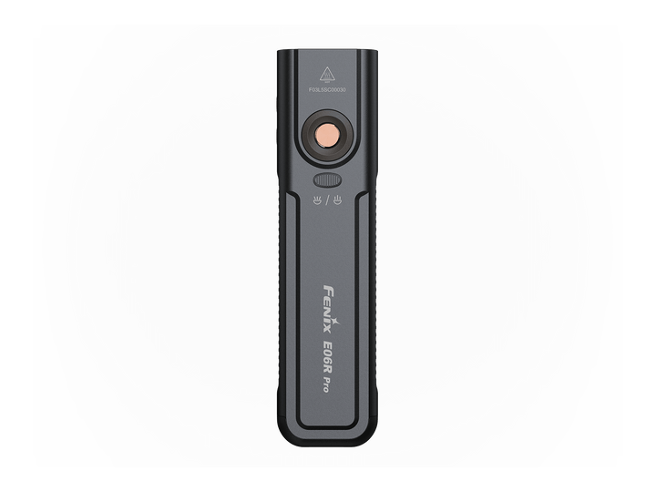 Black Fenix E06R Flashlight with 'Fenix' branding on a light gray background