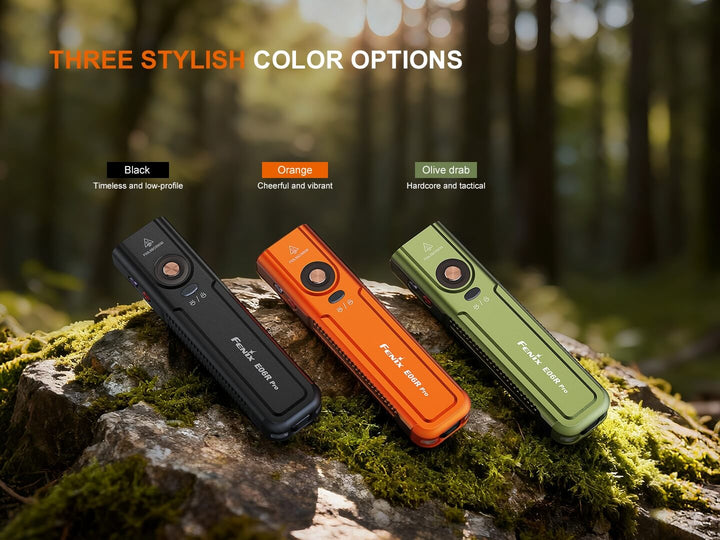 Three Fenix E06R Flashlights in black, orange, and green on a rock with a forest background.