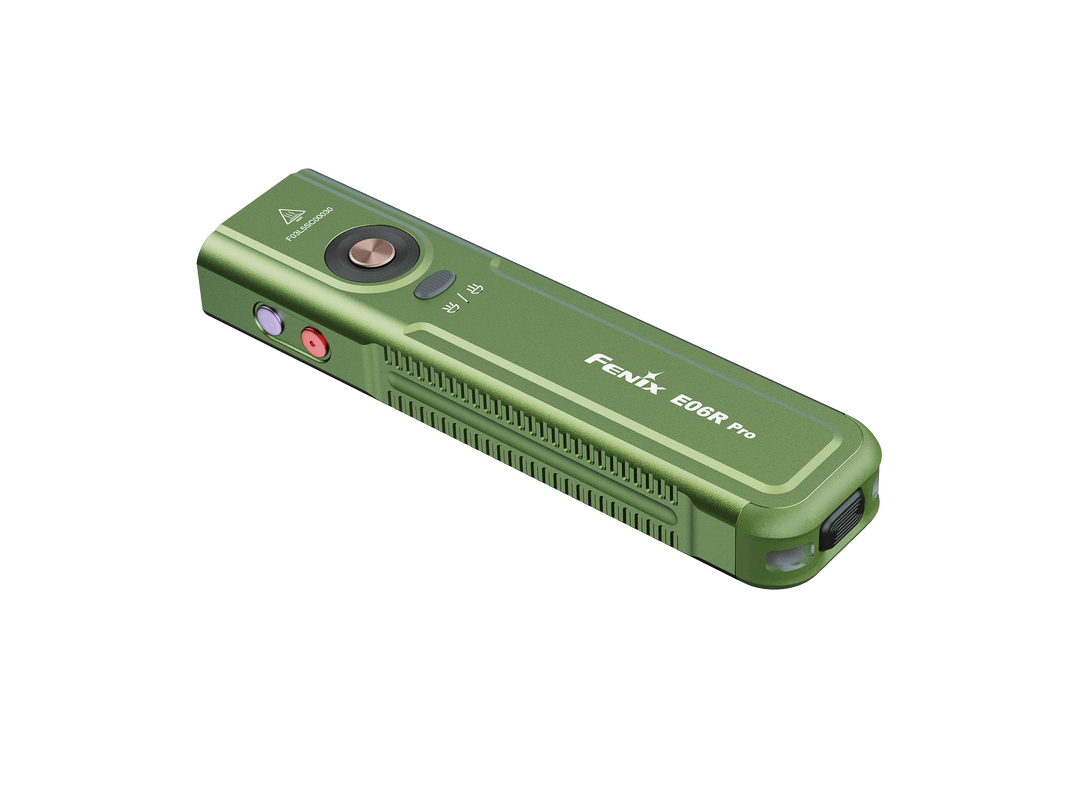 Green Fenix E06R Flashlight with 'Fenix' branding on a black background