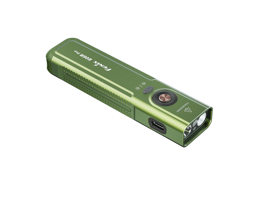 Green Fenix E06R Flashlight with brand logo on a black background