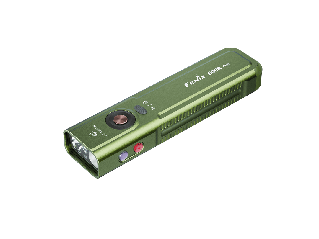 Green Fenix E06R Flashlight  with brand name on a black background