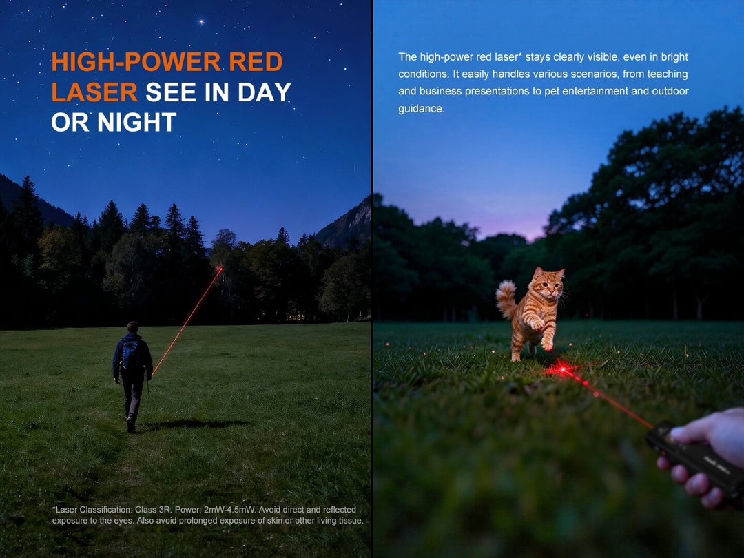 Person using the Fenix E06R Flashlight's high-power red laser pointer in a field with a cat reacting, set against a night sky.