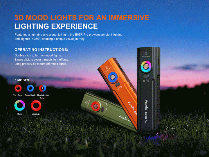 Fenix E06R Flashlights with GIFs showing the mood lighting features 