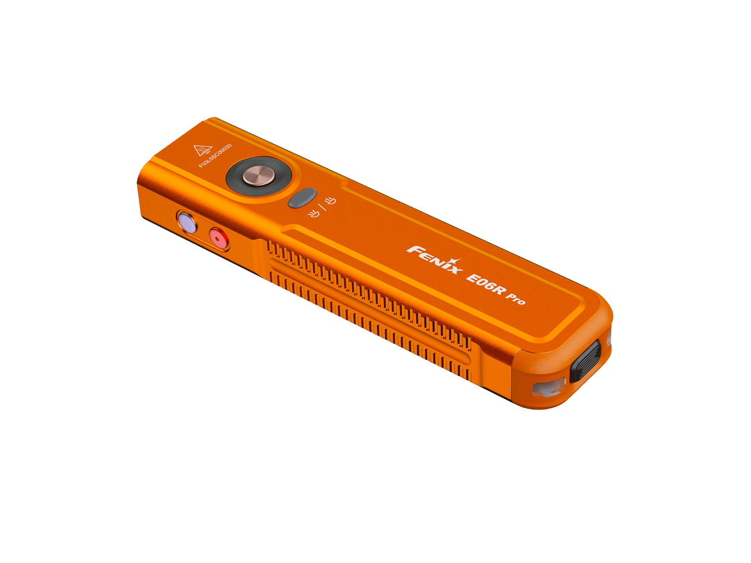 Orange Fenix E06R Flashlight with 'Fenix' branding on a black background