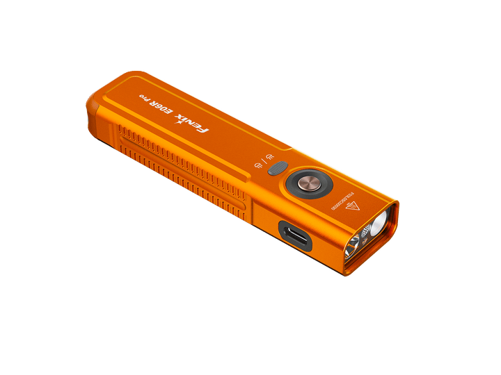 Orange Fenix E06R Flashlight with visible brand logo on a black background