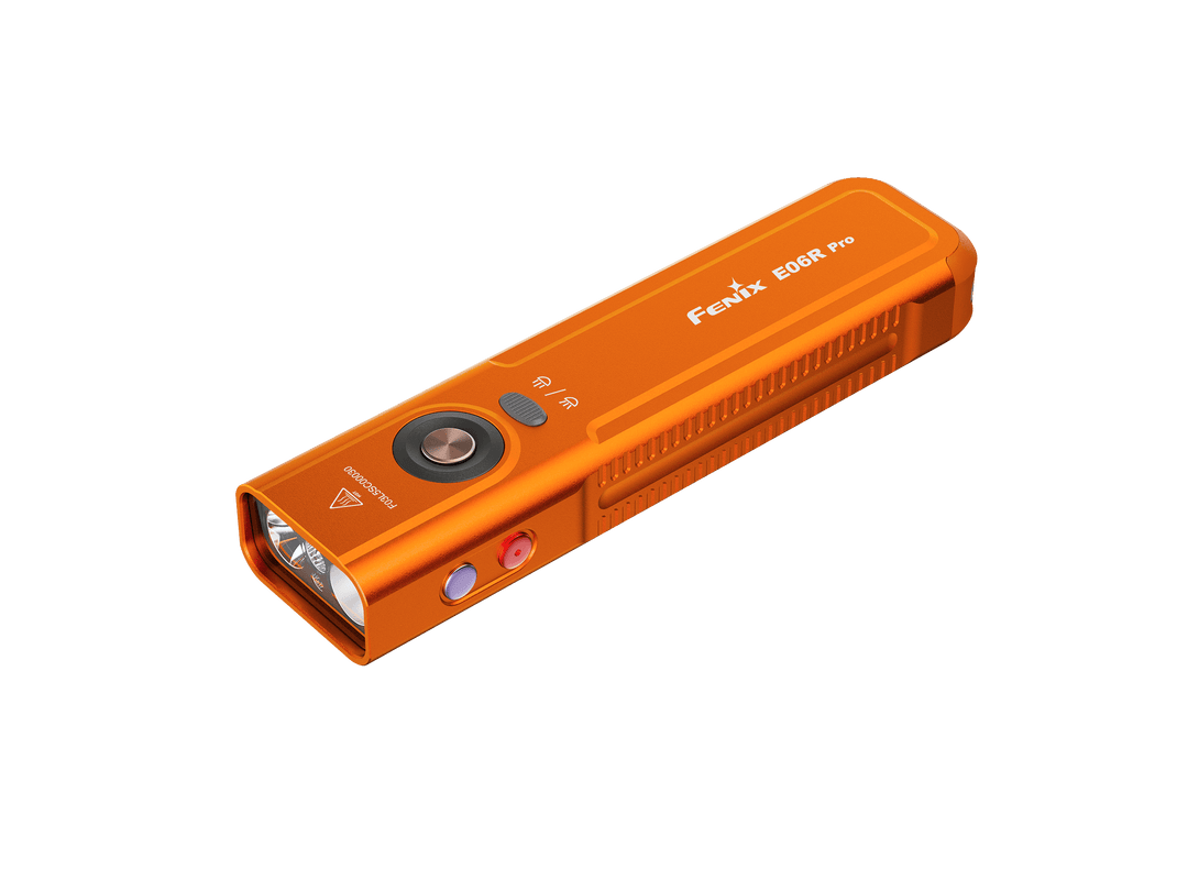 Orange Fenix E06R Flashlight with 'Fenix' branding on a black background