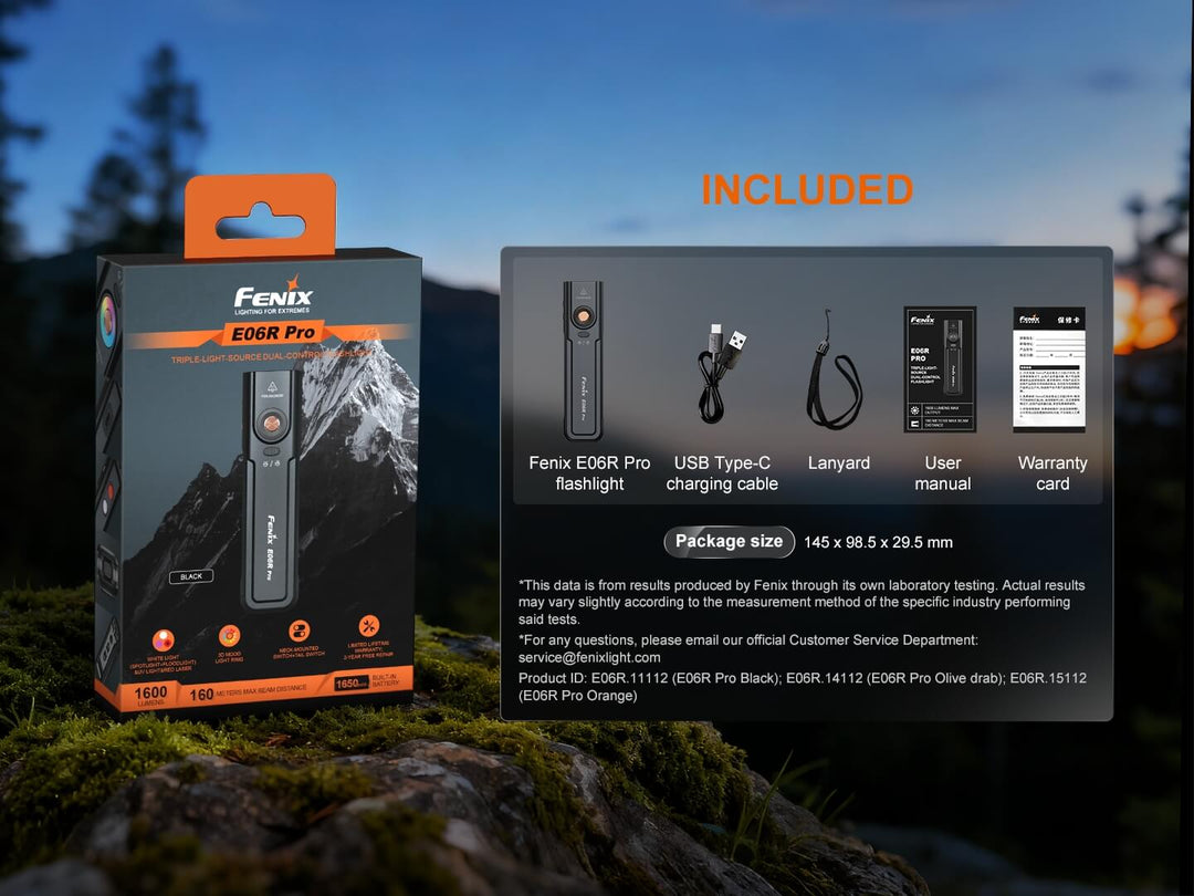 Fenix E06R Pro flashlight packaging with included items list against a natural background