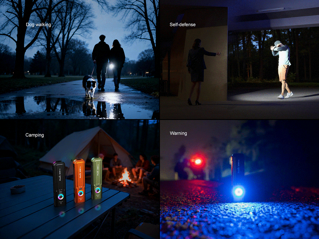 A GIF showing the Fenix E06R Flashlight in multiple usage scenarios