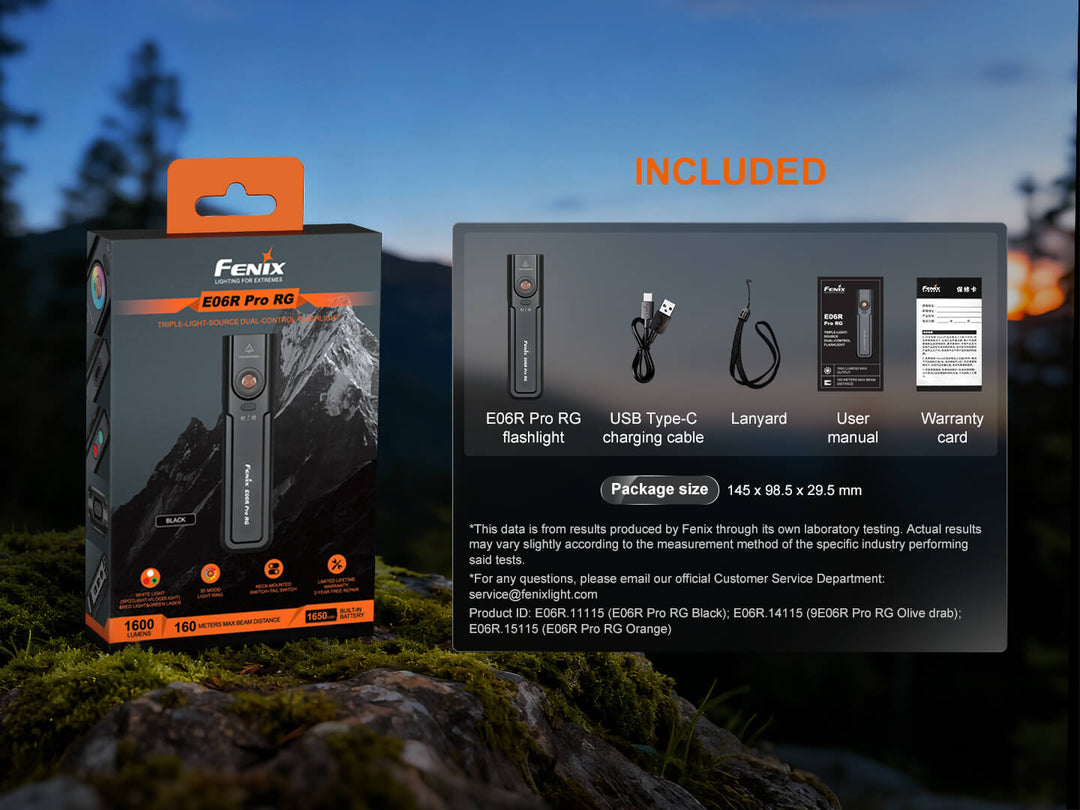 Fenix E06R Pro RG flashlight packaging with included items list on a natural background