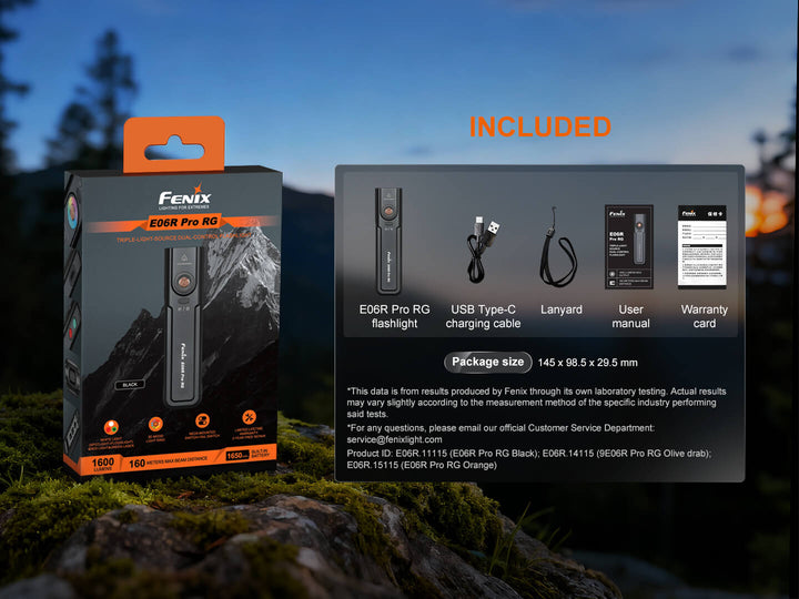 Fenix E06R Pro RG flashlight packaging with included items list on a natural background