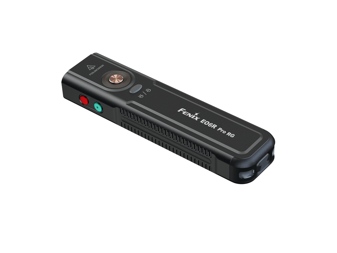 Fenix E06R Pro RG flashlight on a black background