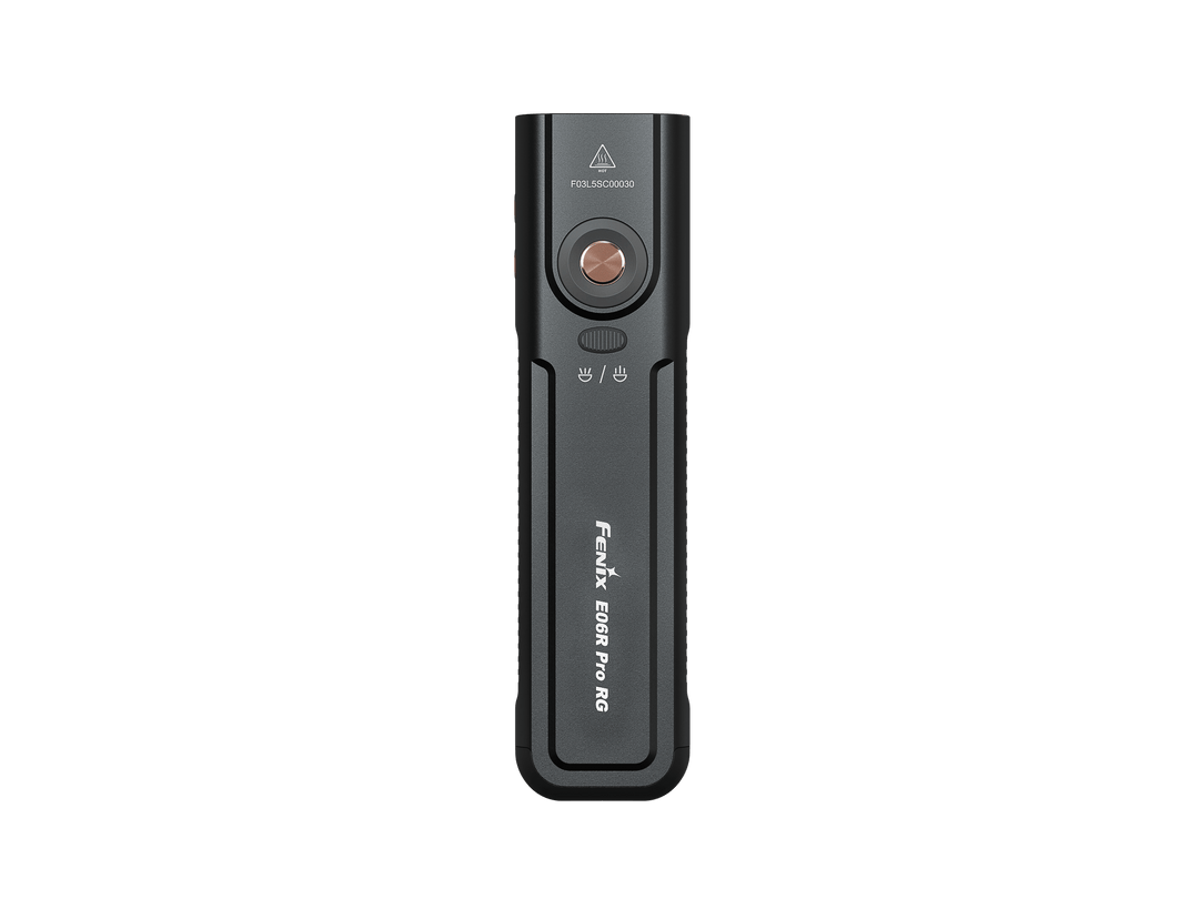 Black Fenix E06R Pro RG Green Laser Flashlight with buttons and branding on a white background