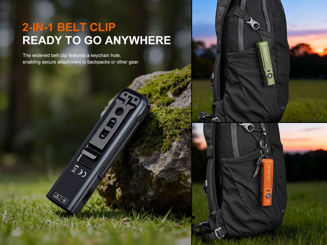 Fenix E06R Pro RG Green Laser Flashlight with a 2-in-1 belt clip with keychain hole on grass, attached to backpack with sunset background