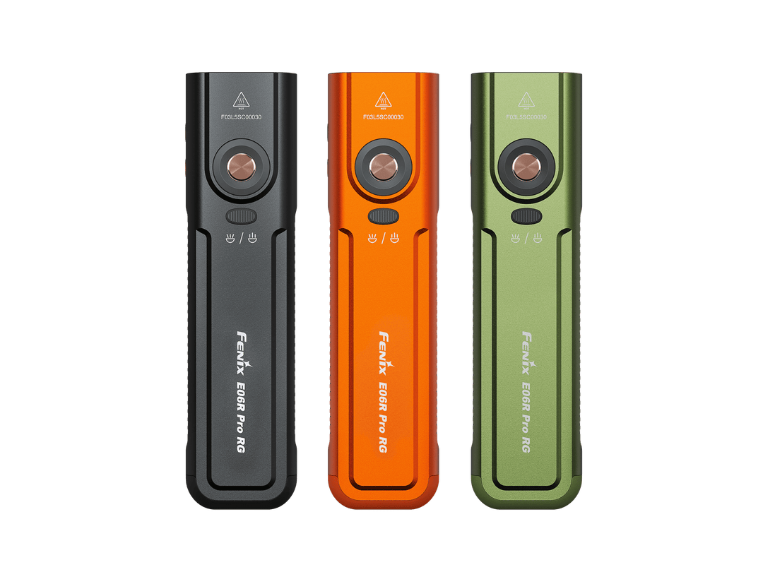 Three Fenix E06R Pro RG Green Laser Flashlight in black, orange, and green on a white background