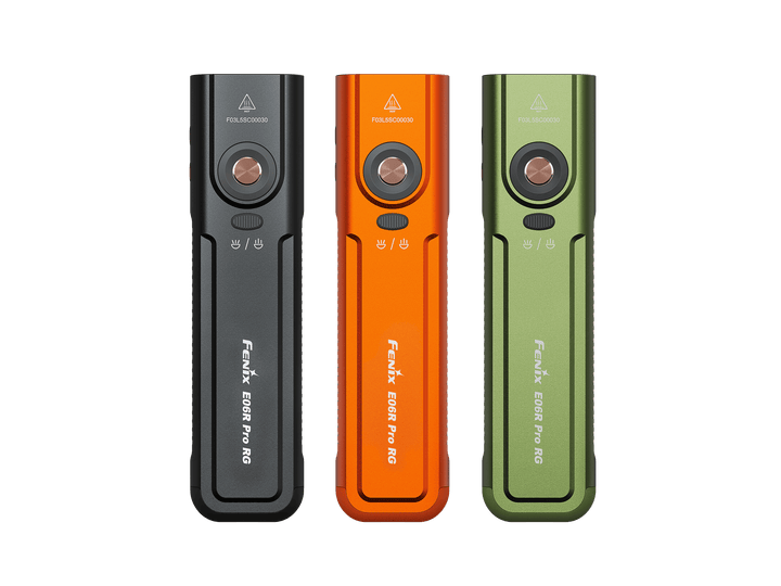 Three Fenix E06R Pro RG Green Laser Flashlight in black, orange, and green on a white background