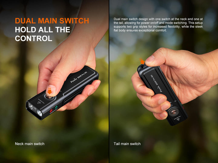 Two hands holding a Fenix E06R Pro RG Green Laser Flashlight with dual main switches against a blurred natural background.